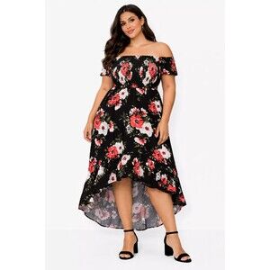 Torrid Womens Black Red Challis Floral Hi Lo Off the Shoulder Dress 1/14-16/1X